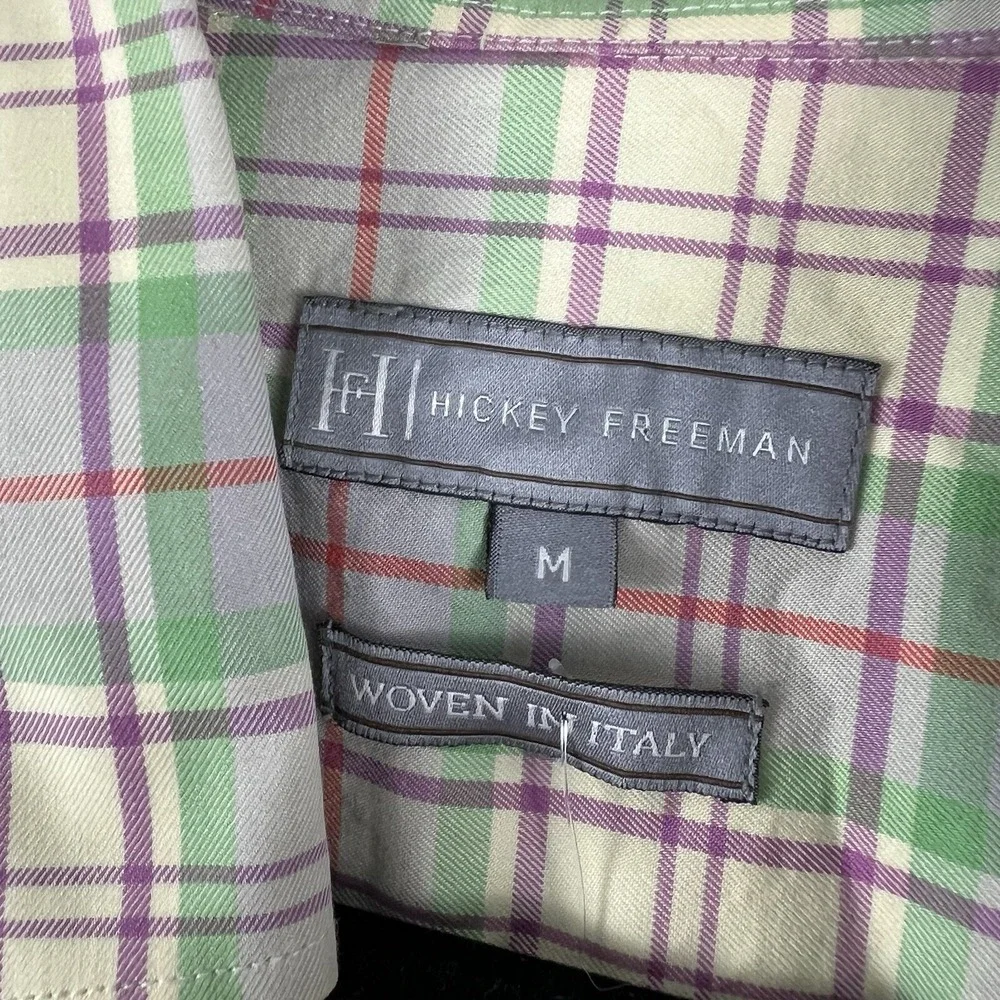 Hickey Freeman Button Down Shirt Mens M Beige Tan Green Plaid Check Dress Casual